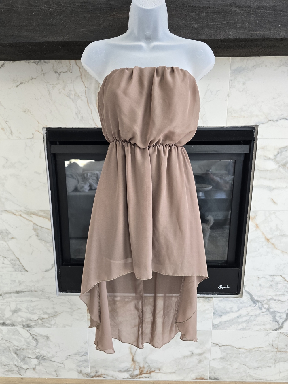 Strapless High-Low Chiffon Dress in Taupe